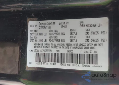 2004 Dodge Dakota z USA, uszkodzony, nr VIN 1D7GG16K24S588654